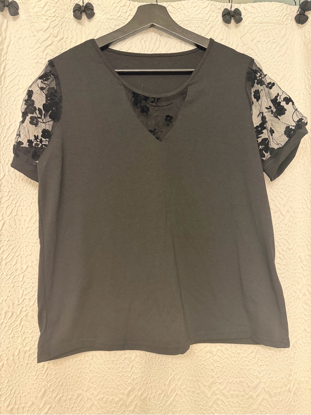 SHEIN Black Short Sleeve Top with Floral Mesh Insets